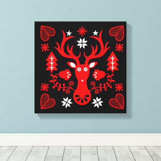 Scandinavisch rood kersthert canvas afdruk (Insitu (Houten vloer))