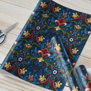 Scandinavisch Rosemaling Folk Blauw Rood Cadeaupapier