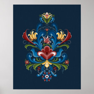 Scandinavisch Rosemaling Folk Blauw Rood Poster