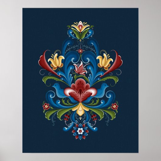 Scandinavisch Rosemaling Folk Blauw Rood Poster (Voorkant)