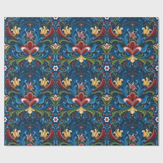 Scandinavisch Rosemaling Folk Blue Red Cadeaupapier (Vlak)