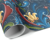 Scandinavisch Rosemaling Folk Blue Red Cadeaupapier (Rol Hoek)