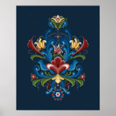 Scandinavisch Rosemaling Folk Blue Red Poster (Voorkant)