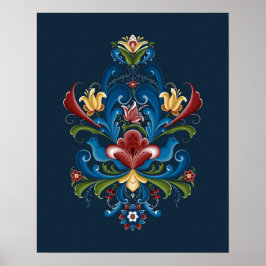Scandinavisch Rosemaling Folk Blue Red Poster