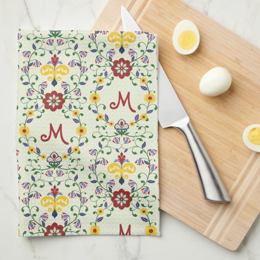 Scandinavisch Rosemaling Monogram Patroon Nordic Theedoek (Quarter Fold)