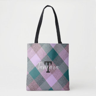 Scandinavisch Turquoise Roze Geruit Monogram Naam Tote Bag