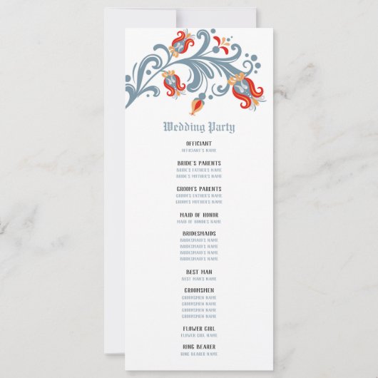 Scandinavisch volks-kunst trouwprogramma kaart (Achterkant)