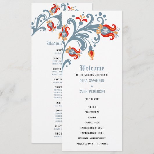 Scandinavisch volks-kunst trouwprogramma kaart (Voorkant / Achterkant)