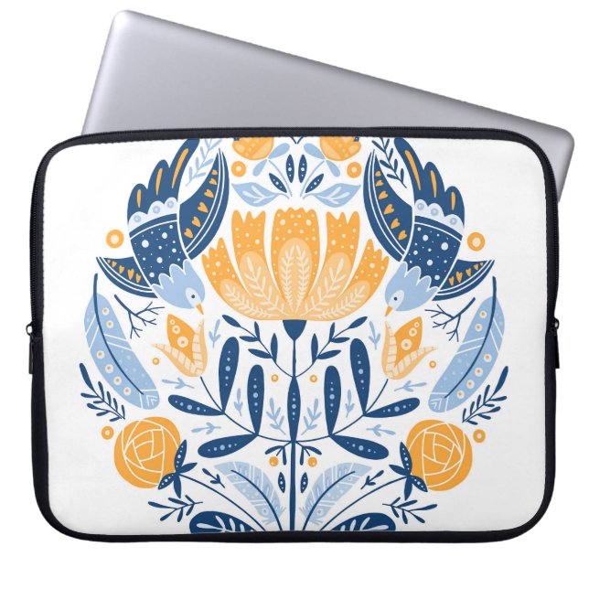 Scandinavisch Volkskunst Bloemen Ornament Laptop Sleeve (Voorkant)