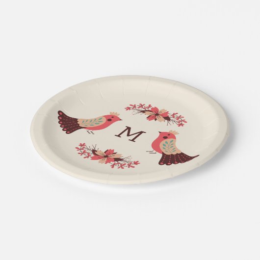 Scandinavisch volksmotief met vogels en bloemen papieren bordje (Gekanteld)