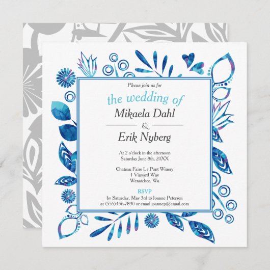 Scandinavisch winter blauw bloemenpatroon bruiloft kaart (Voorkant / Achterkant)