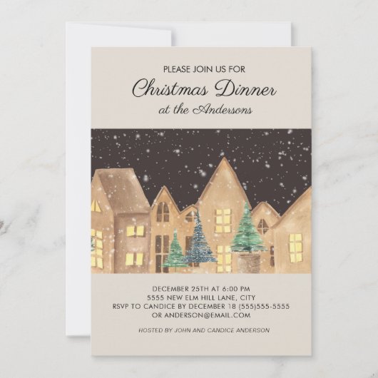 Scandinavisch Winter Sneeuw Dorp Kerst Diner Kaart (Voorkant)