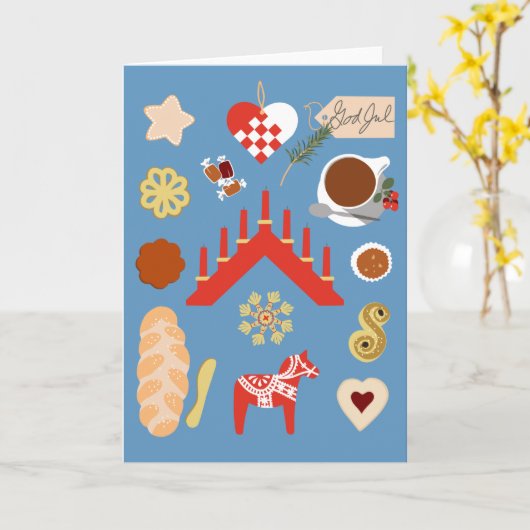 Scandinavisch/Zweeds Jul-kerstboomontwerp Kaart (Gele Bloem)