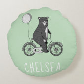 Scandinavische Beer op Bike-minimalistisch Groen Rond Kussen (Achterkant)