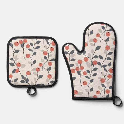 Scandinavische Berry Branches Oven Mitt en Pot Hol Ovenwant & Pannenlap Set (Voorkant)