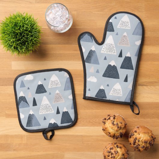 Scandinavische besneeuwde bergen Oven Mitt en P Ovenwant & Pannenlap Set (Top down)