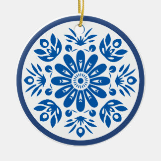 Scandinavische Blauwe en Witte Bloem Keramisch Ornament
