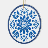 Scandinavische Blauwe en Witte Bloem Keramisch Ornament (Links)