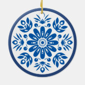 Scandinavische Blauwe en Witte Bloem Keramisch Ornament (Achterkant)