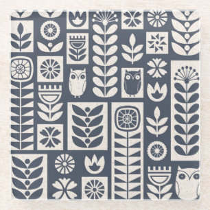 Scandinavische bloemen: wit, blauw, minimalistisch glazen onderzetter