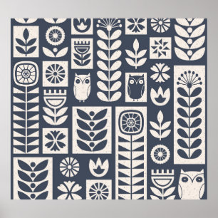 Scandinavische bloemen: wit, blauw, minimalistisch poster