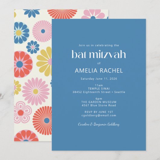 Scandinavische Boho Folk Bloem Blauwe Bat Mitzvah Kaart (Voorkant / Achterkant)