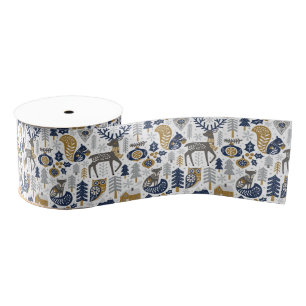 Scandinavische bosdieren sneeuwvlokken Kerstmis Grosgrain Lint