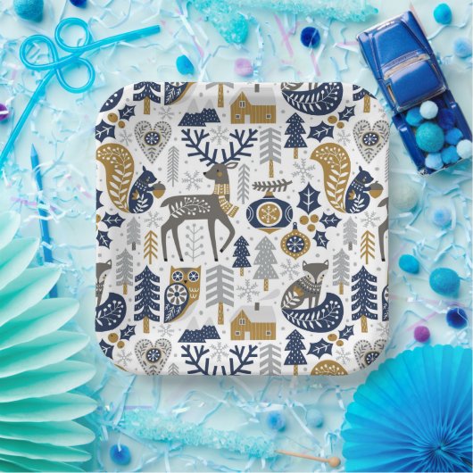 Scandinavische bosdieren sneeuwvlokken Kerstmis Papieren Bordje (Feest)