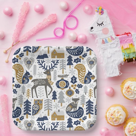 Scandinavische bosdieren sneeuwvlokken Kerstmis Papieren Bordje (Feest)