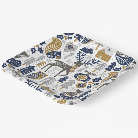 Scandinavische bosdieren sneeuwvlokken Kerstmis Papieren Bordje (Gebogen)