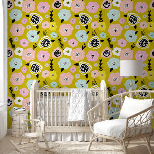 Scandinavische Daisy Flowers Mosterd Gele Kwekerij Behang