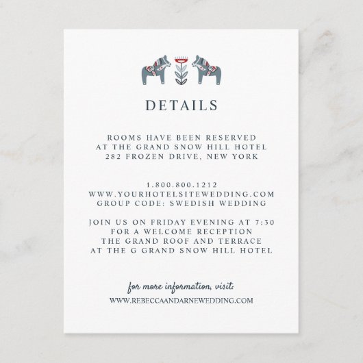 Scandinavische Dala Paard BRUILOFT Gastengegevens Informatiekaartje (Voorkant)
