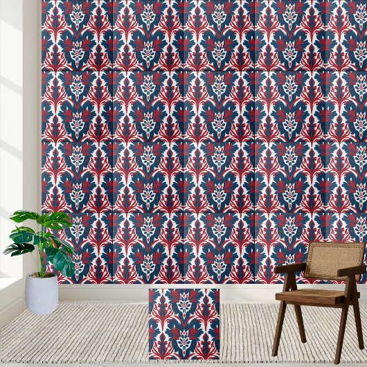 Scandinavische Damask Tegel in rood en blauw Tegeltje