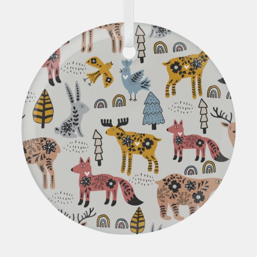 Scandinavische dieren, bloemig, schattig patroon. glas ornament (Voorkant)