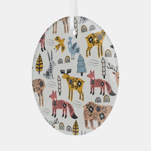 Scandinavische dieren, bloemig, schattig patroon. glas ornament (Voorkant links)