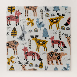 Scandinavische dieren, bloemig, schattig patroon. legpuzzel