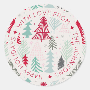 Scandinavische Doodle-kerstbomen op maat Ronde Sticker