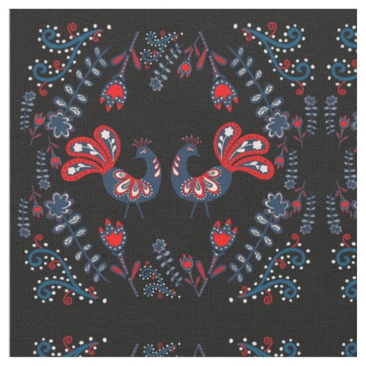 Scandinavische Folk Art Birds Monogramed Stof (Close Up)