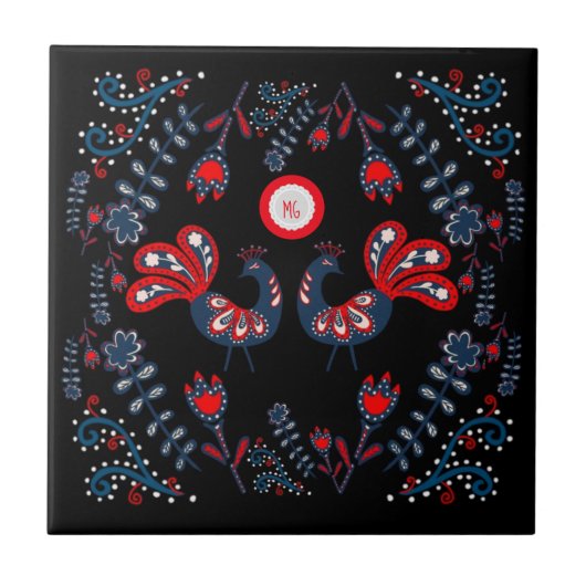 Scandinavische Folk Art Birds Monogramed Tegeltje (Voorkant)