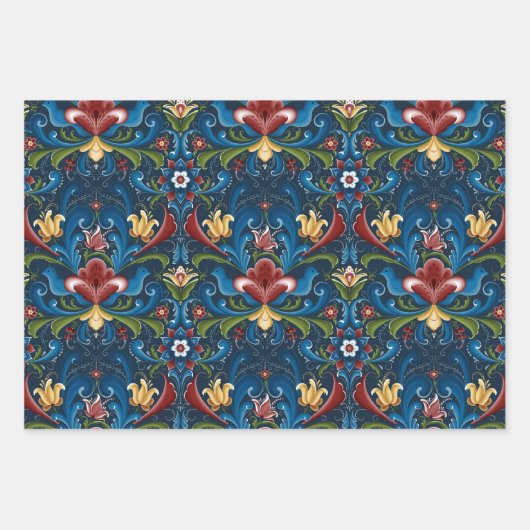 Scandinavische Folk Art Blue Red Floral Pattern Inpakpapier Vel (Voorkant 3)