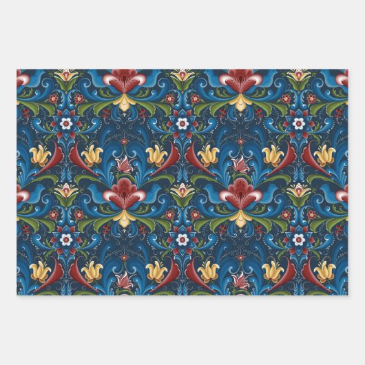 Scandinavische Folk Art Blue Red Floral Pattern Inpakpapier Vel (Voorkant 2)