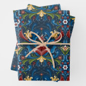 Scandinavische Folk Art Blue Red Floral Pattern Inpakpapier Vel (In situ)