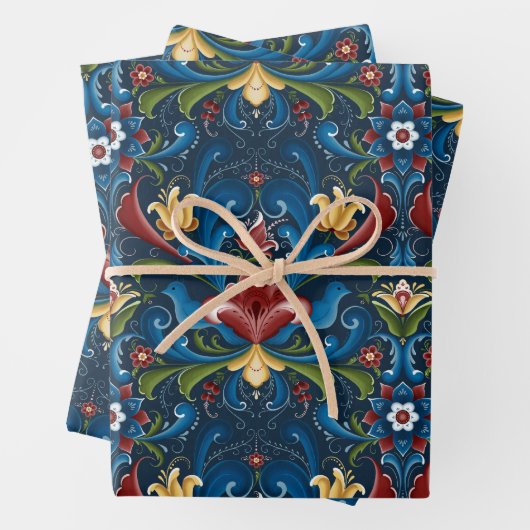 Scandinavische Folk Art Blue Red Floral Pattern Inpakpapier Vel (In situ)