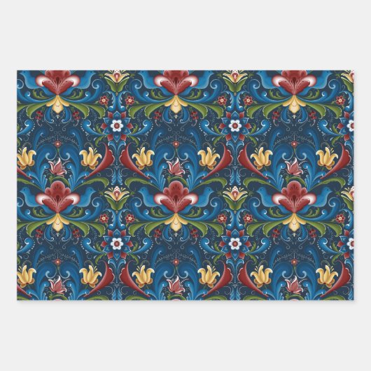 Scandinavische Folk Art Blue Red Floral Pattern Inpakpapier Vel (Voorkant)