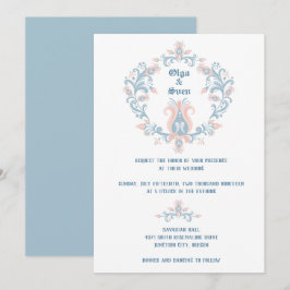 Scandinavische Folk Art Blush & Blue Wedding Invit Kaart