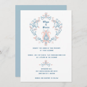 Scandinavische Folk Art Blush & Blue Wedding Invit Kaart