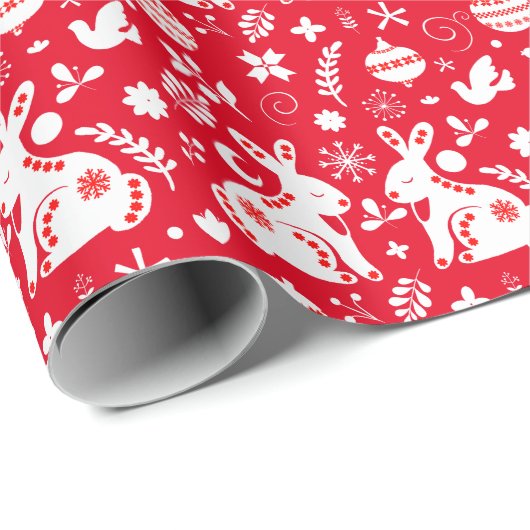 Scandinavische Folk Art Bunny Vakantie Ornamenten  Cadeaupapier (Rol Hoek)