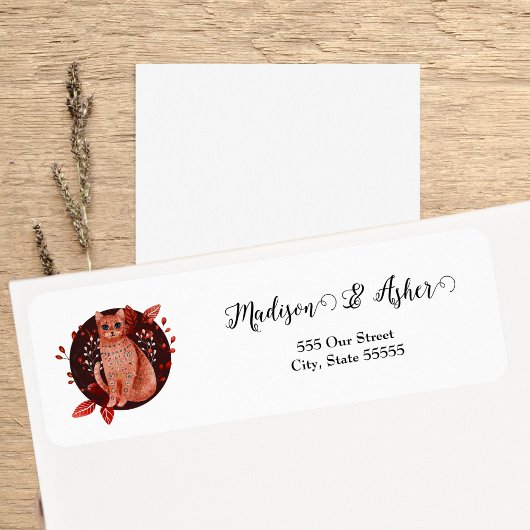 Scandinavische Folk Art Cat Waterverf Ilustratie Etiket