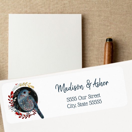 Scandinavische Folk Art Cute Bird Waterverf Winter Etiket