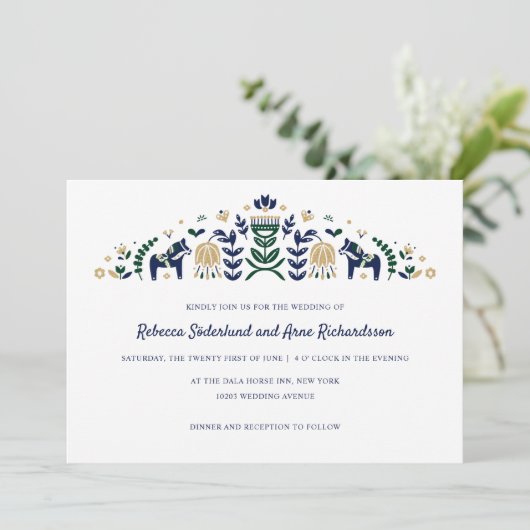 Scandinavische Folk Art Dala Horse CUSTOM Blue V3 Kaart (Staand voorkant)